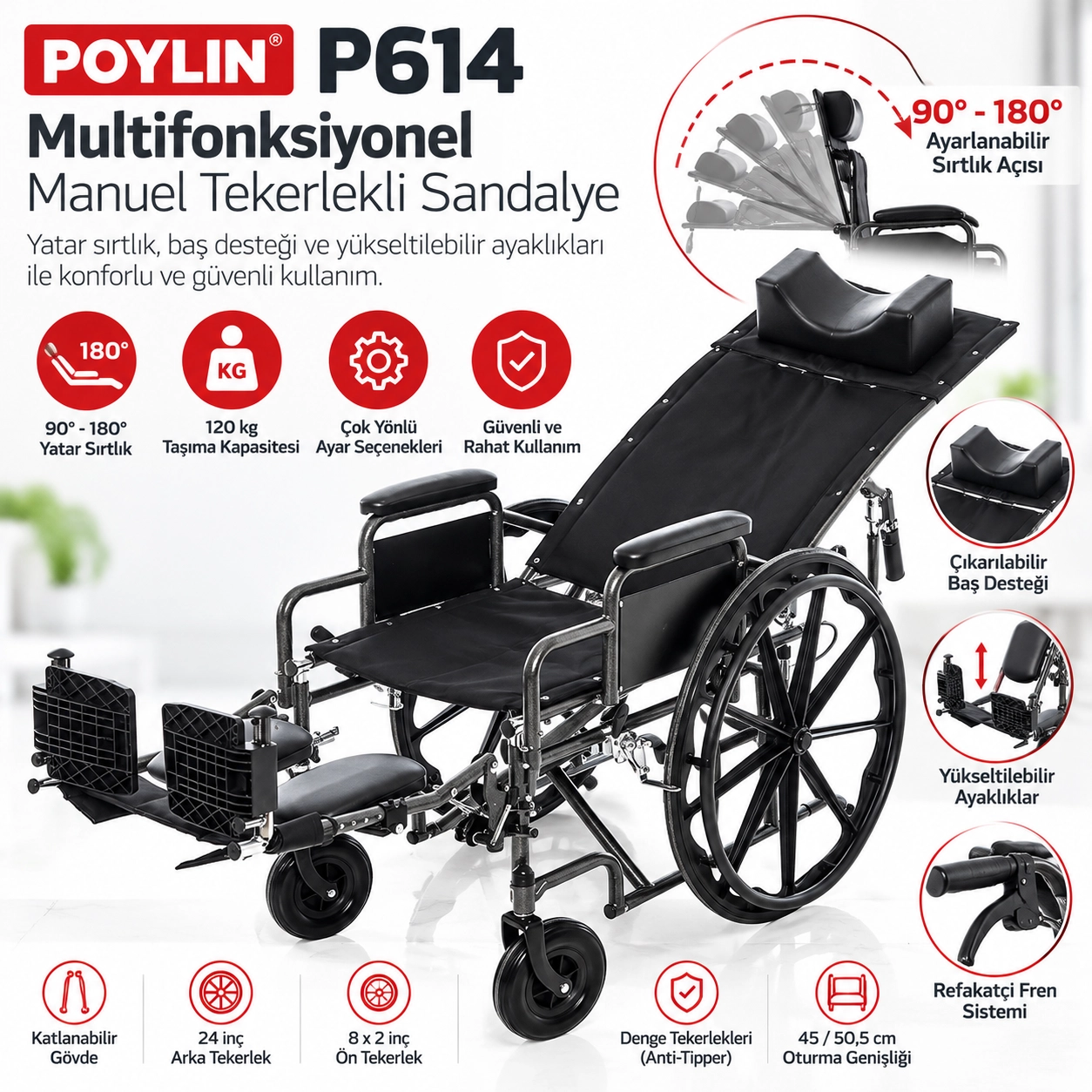 Poylin P614 Multifonksiyonel Yatar Sırtlı Manuel Tekerlekli Sandalye