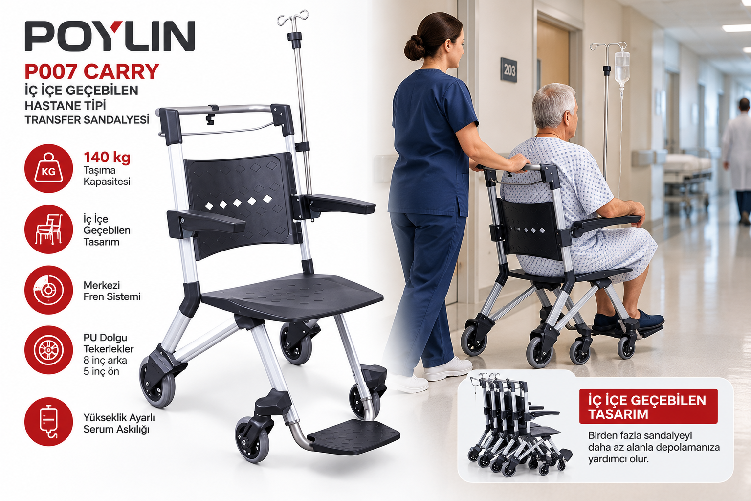 Poylin P007 Carry İç İçe Geçebilen Hastane Tipi Transfer Sandalyesi