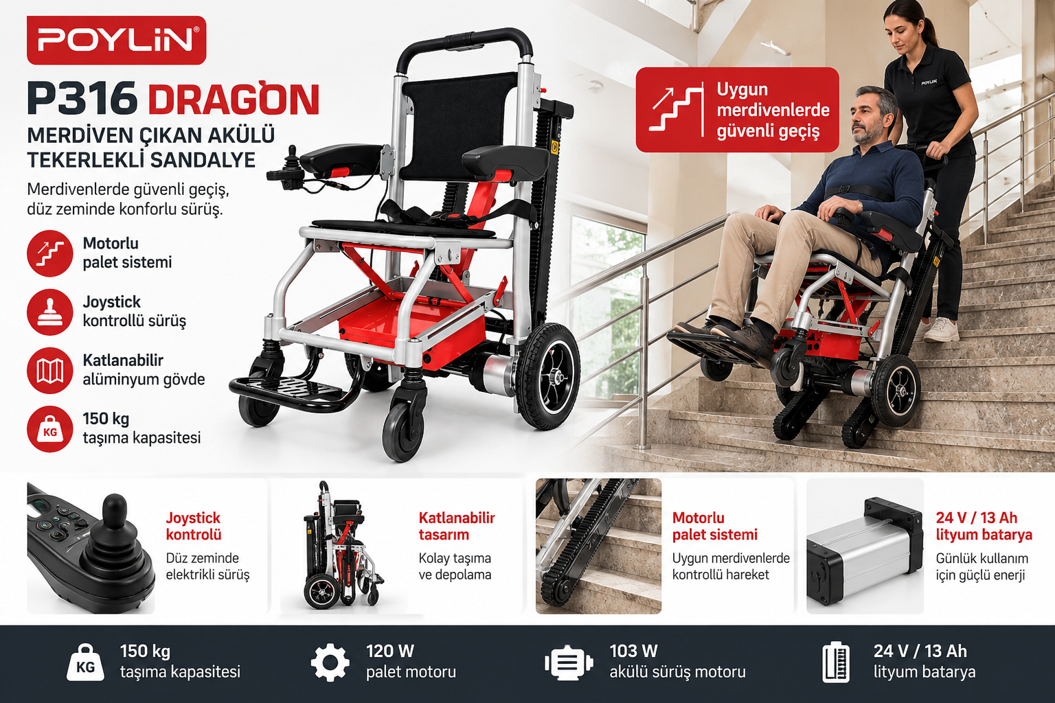 Poylin P316 Dragon Merdiven Çıkan Akülü Tekerlekli Sandalye