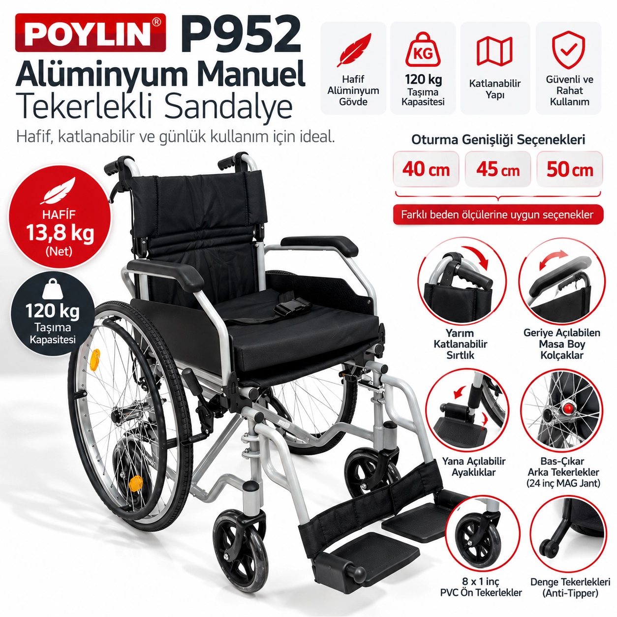 Poylin P952 Hafif Alüminyum Manuel Tekerlekli Sandalye